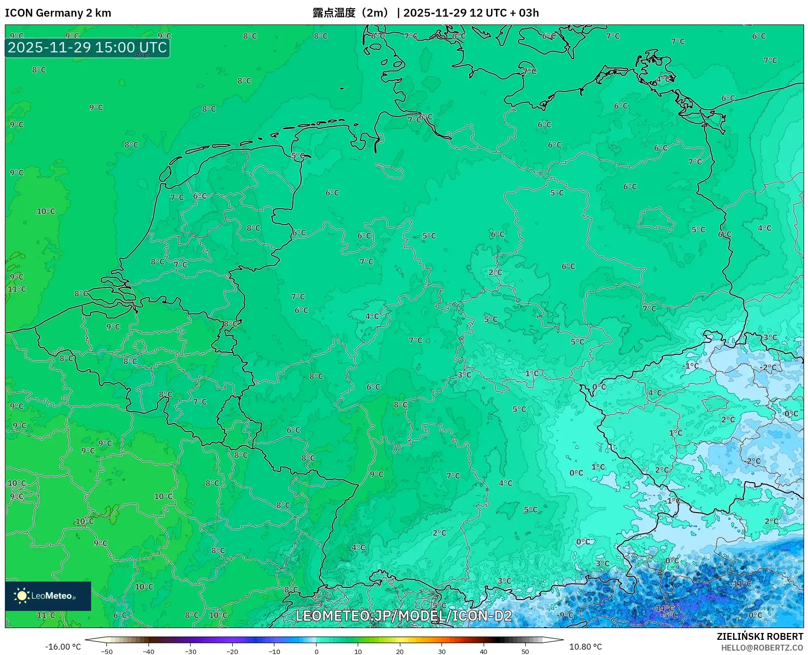 ICON ドイツ 2 km model - ドイツ, 露点温度（2m）