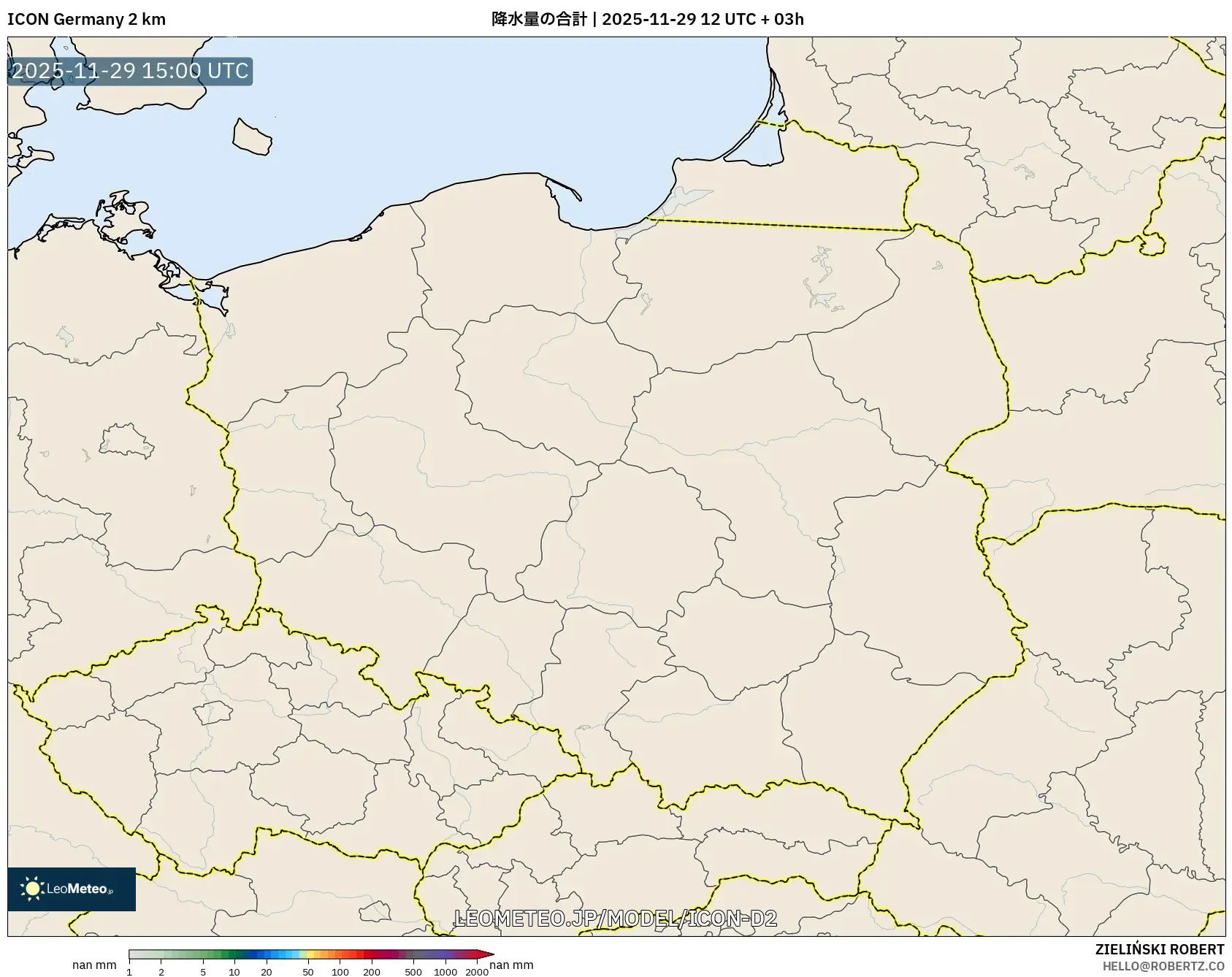 ICON ドイツ 2 km model - ポーランド, 降水量の合計