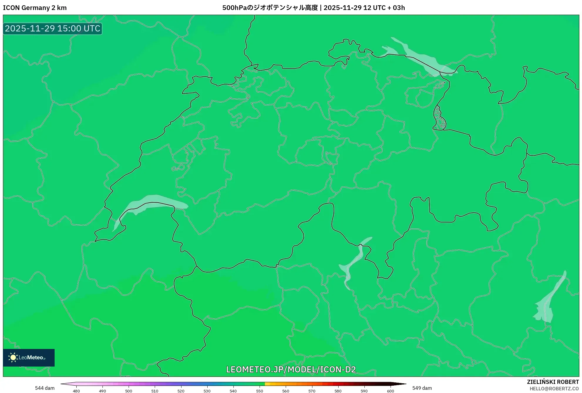ICON ドイツ 2 km model - スイス, 500hPaのジオポテンシャル高度