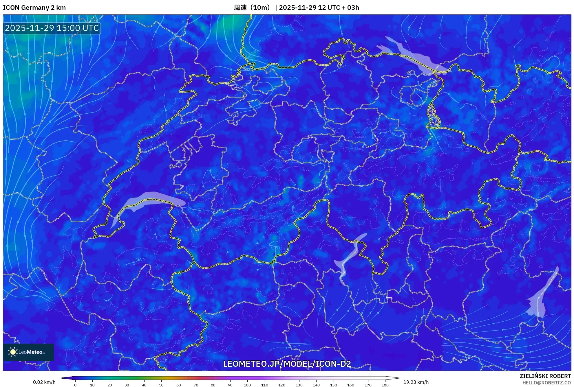 ICON ドイツ 2 km model - スイス, 風速（10m）