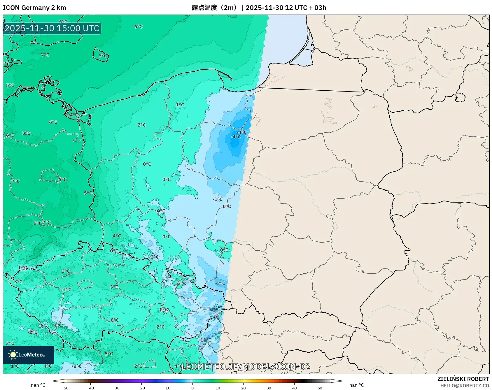 ICON ドイツ 2 km model - ポーランド, 露点温度（2m）
