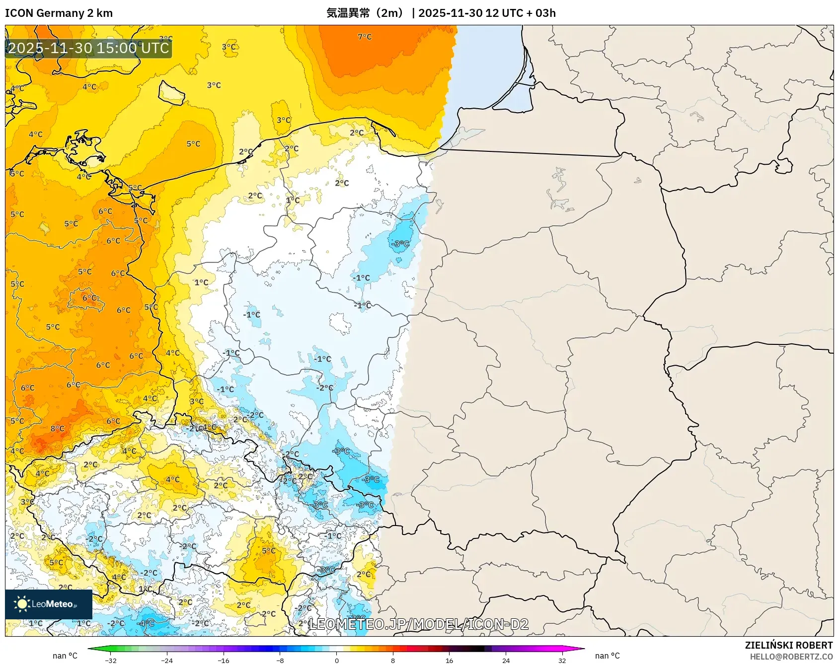 ICON ドイツ 2 km model - ポーランド, 気温異常（2m）