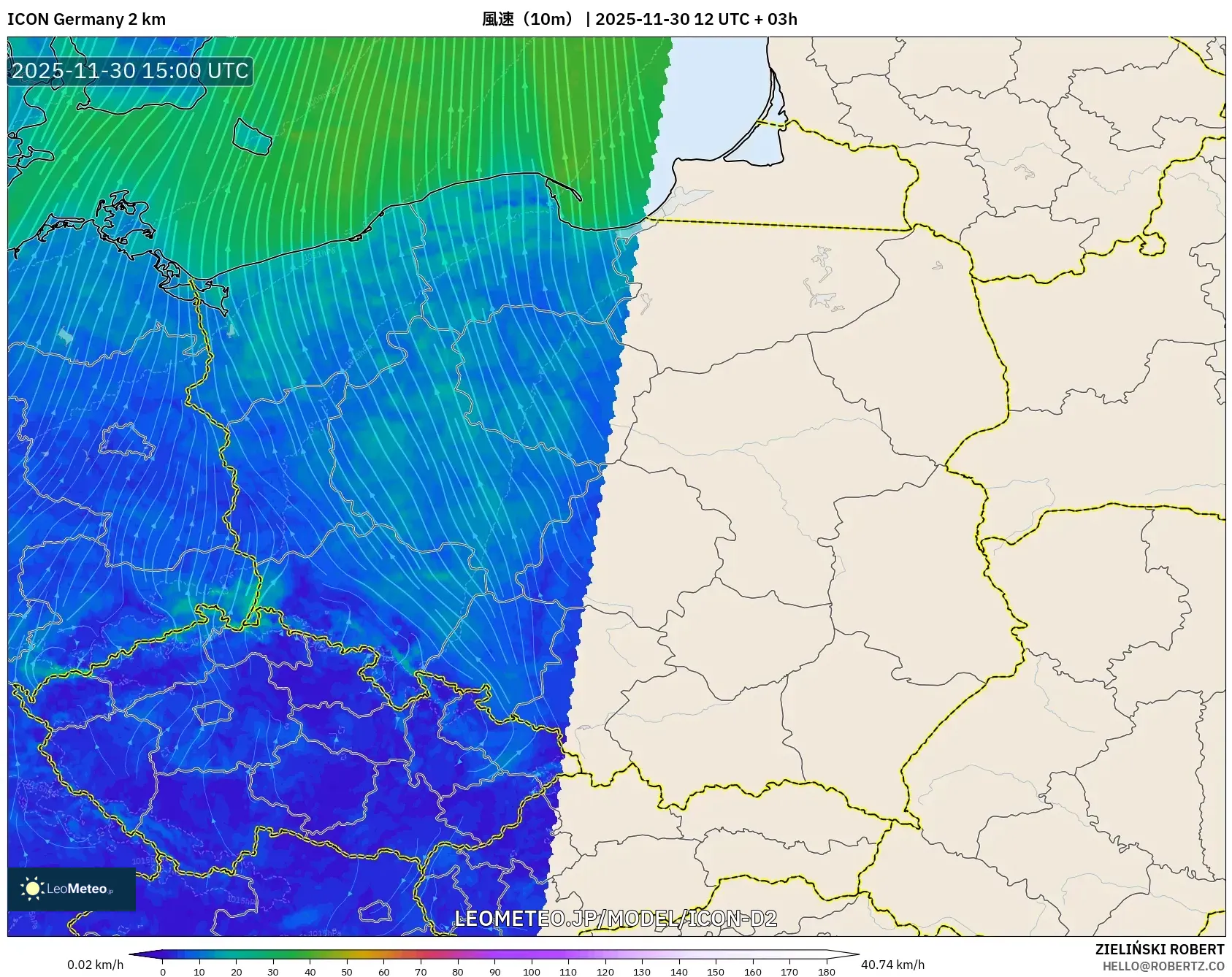 ICON ドイツ 2 km model - ポーランド, 風速（10m）