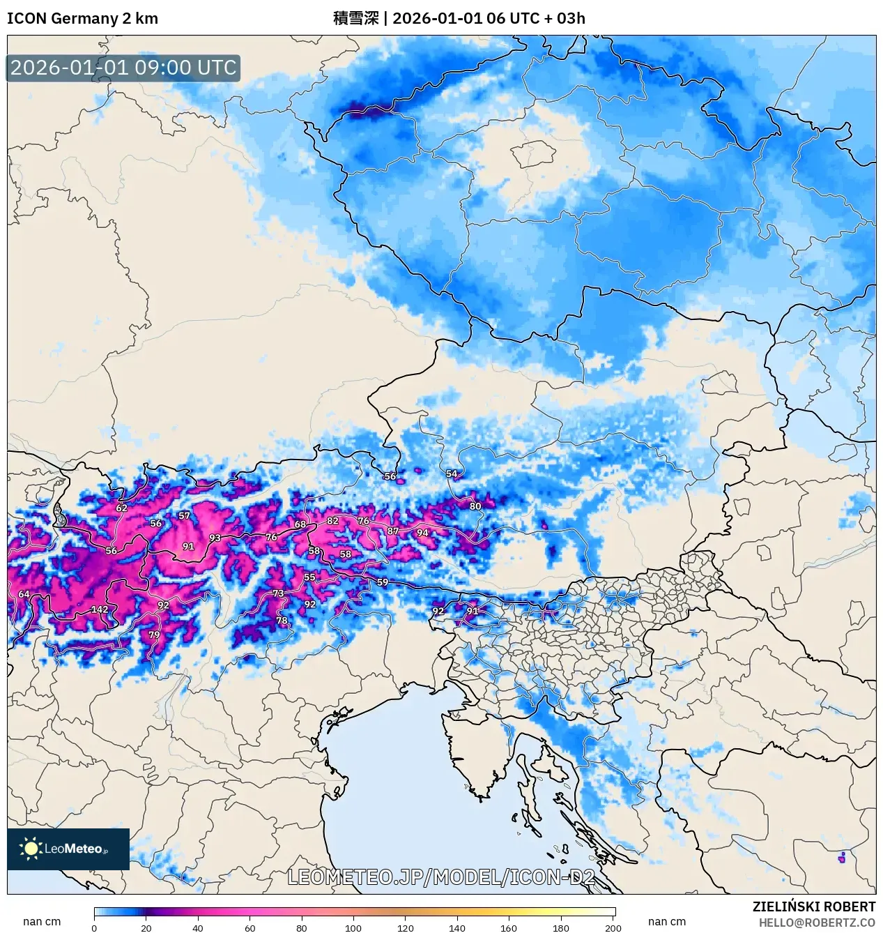 ICON ドイツ 2 km model - オーストリア, 積雪深