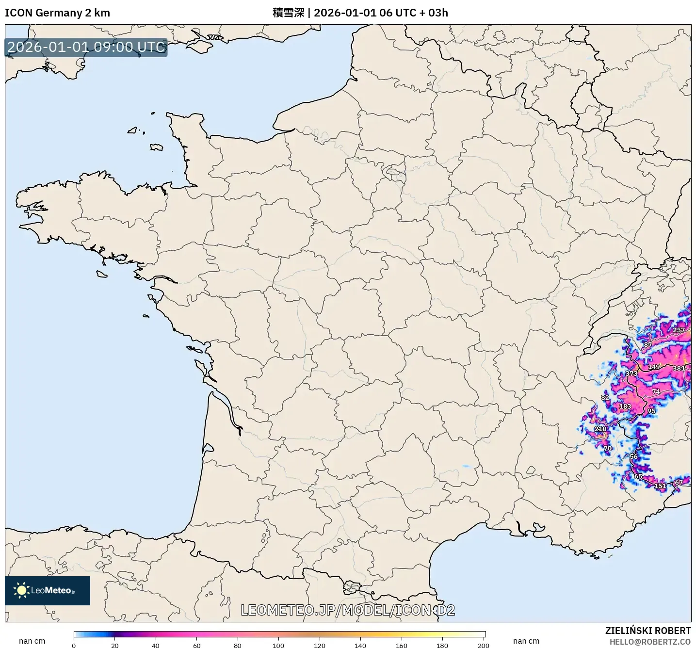 ICON ドイツ 2 km model - フランス, 積雪深