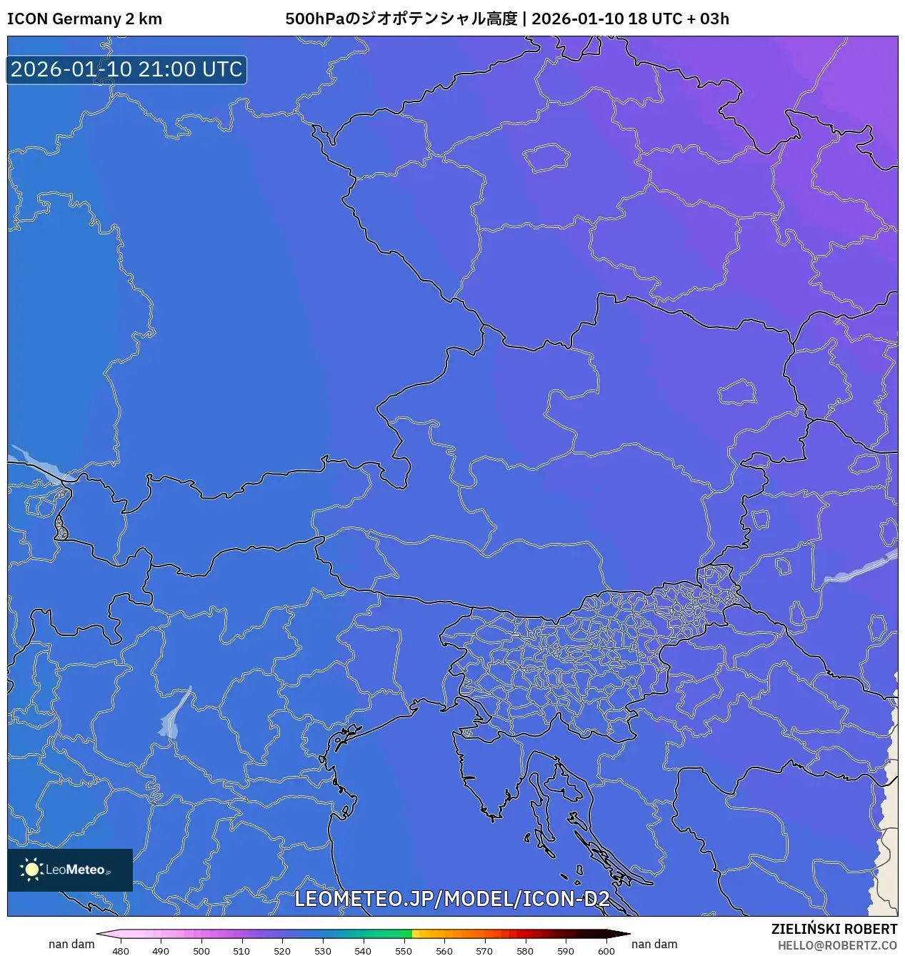 ICON ドイツ 2 km model - オーストリア, 500hPaのジオポテンシャル高度