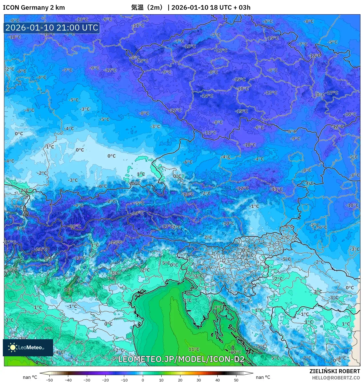 ICON ドイツ 2 km model - オーストリア, 気温（2m）