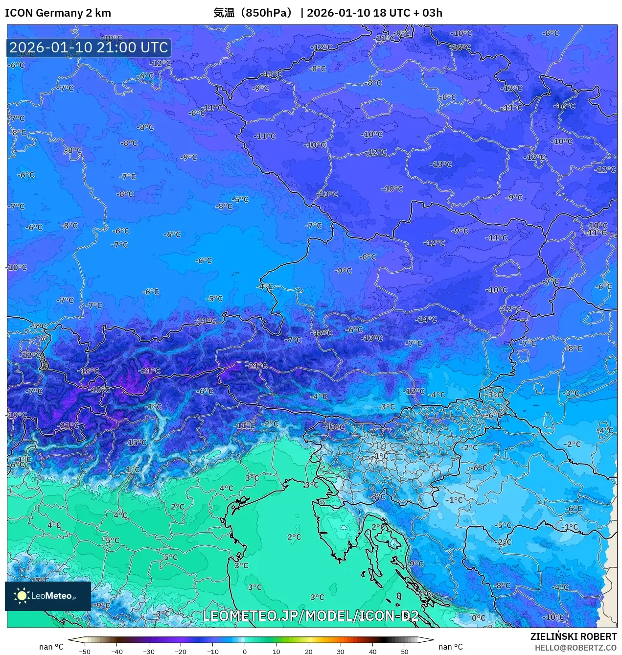 ICON ドイツ 2 km model - オーストリア, 気温（850hPa）
