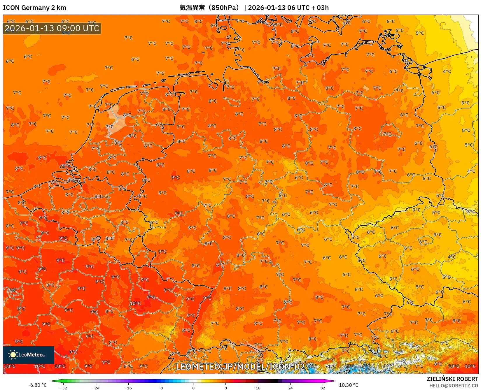 ICON ドイツ 2 km model - ドイツ, 気温異常（850hPa）