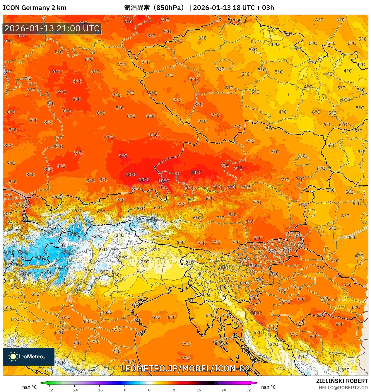 ICON ドイツ 2 km model - オーストリア, 気温異常（850hPa）