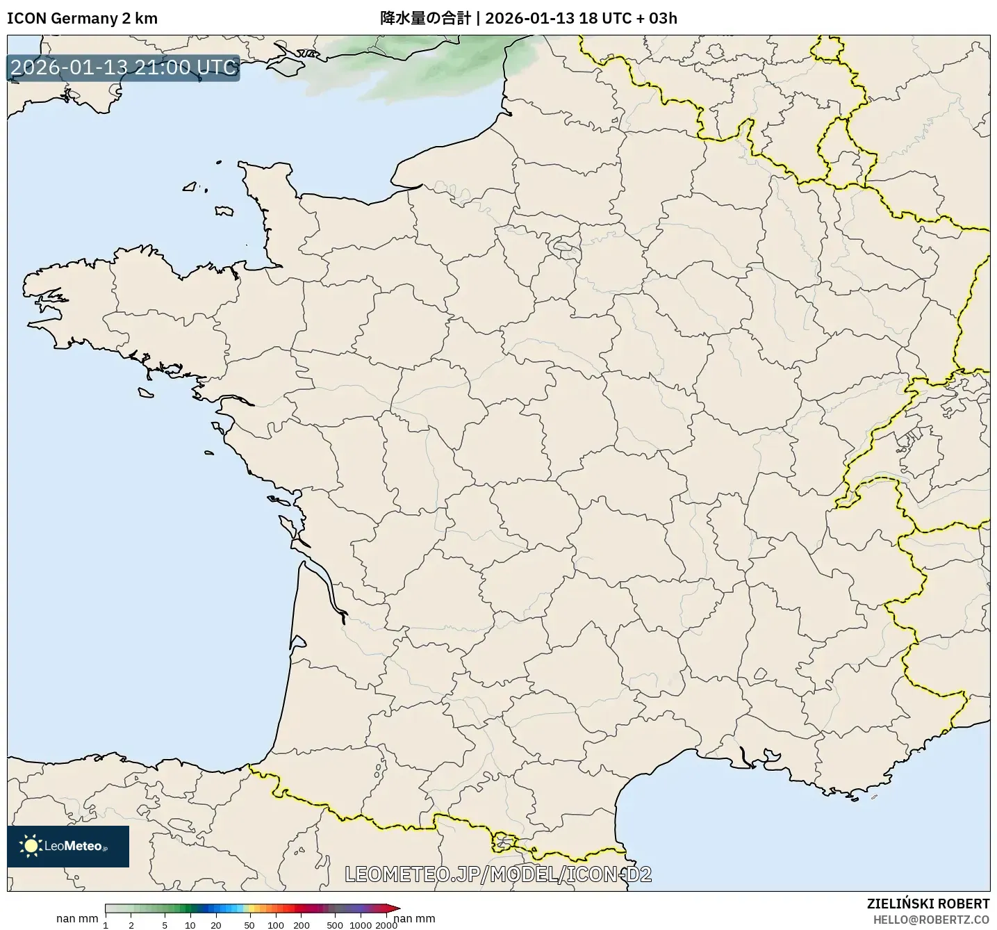 ICON ドイツ 2 km model - フランス, 降水量の合計