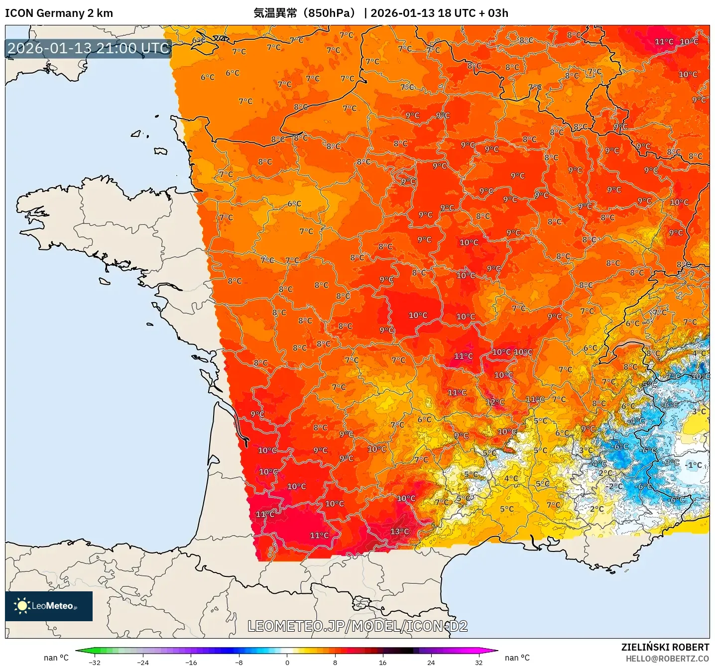ICON ドイツ 2 km model - フランス, 気温異常（850hPa）