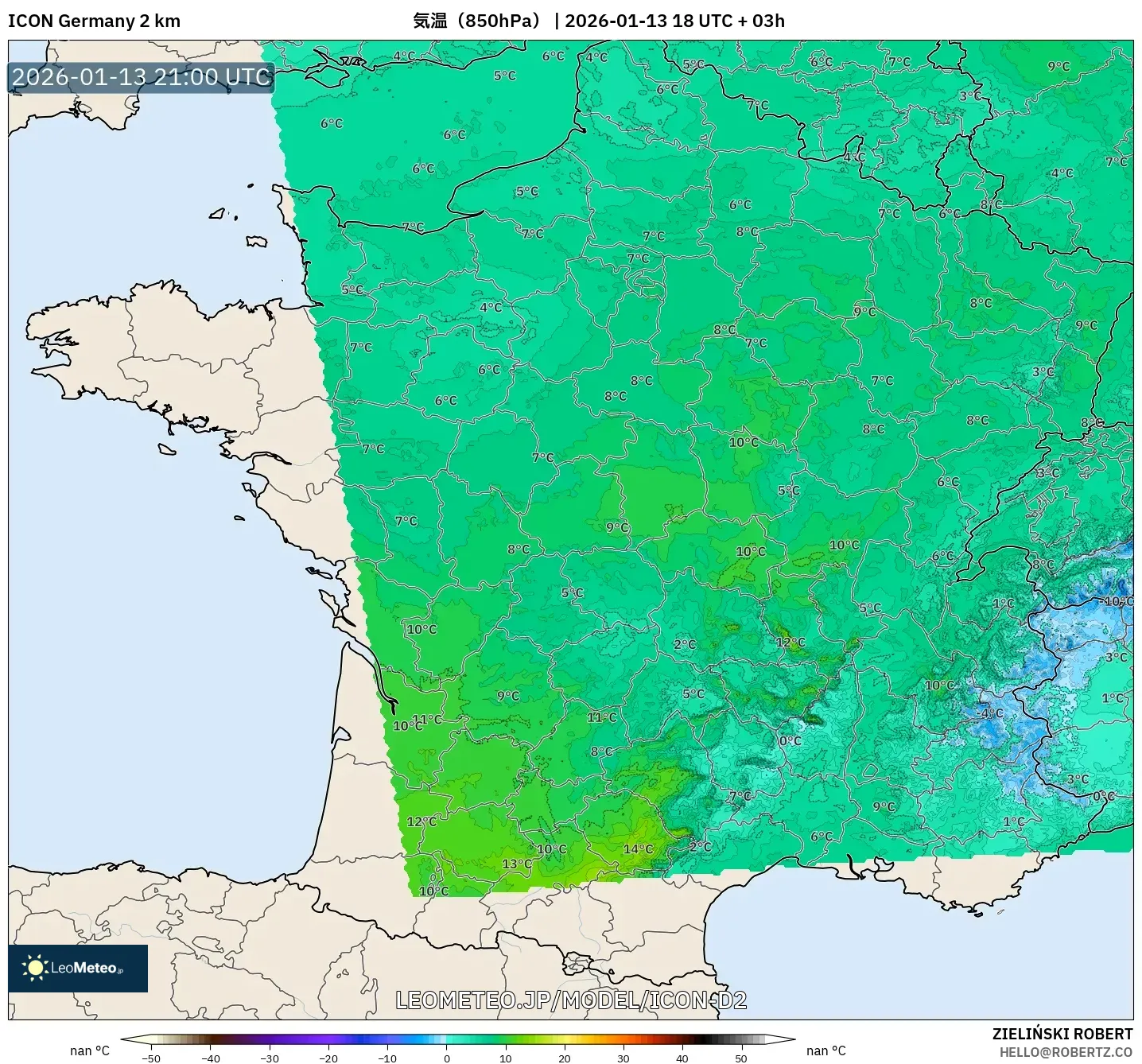 ICON ドイツ 2 km model - フランス, 気温（850hPa）