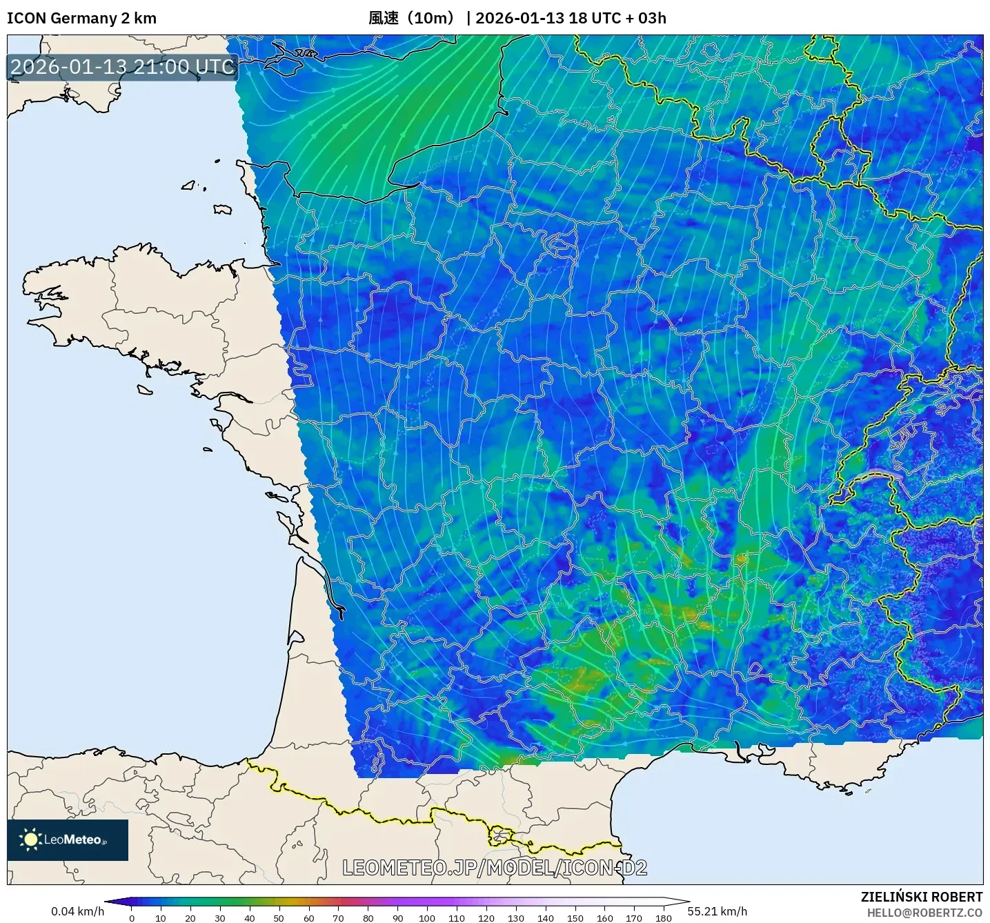 ICON ドイツ 2 km model - フランス, 風速（10m）