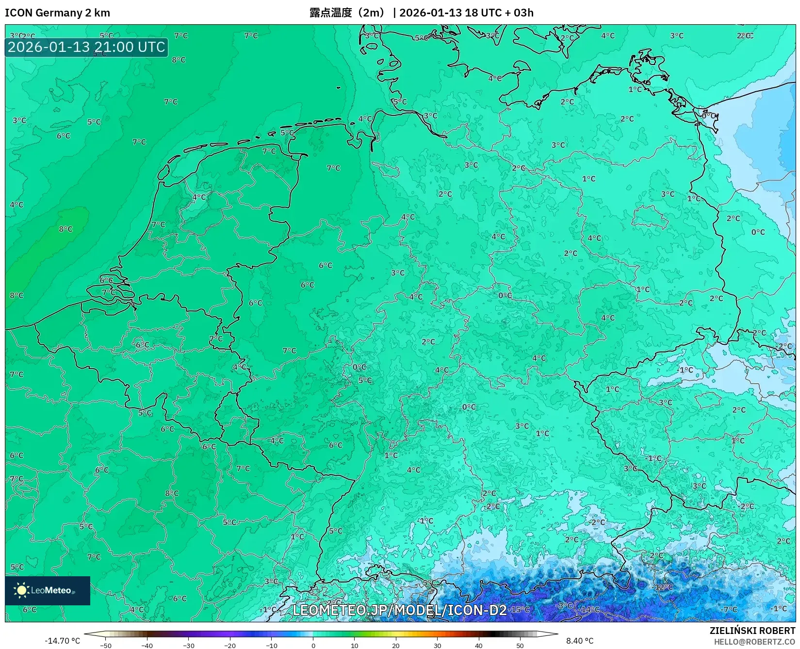 ICON ドイツ 2 km model - ドイツ, 露点温度（2m）