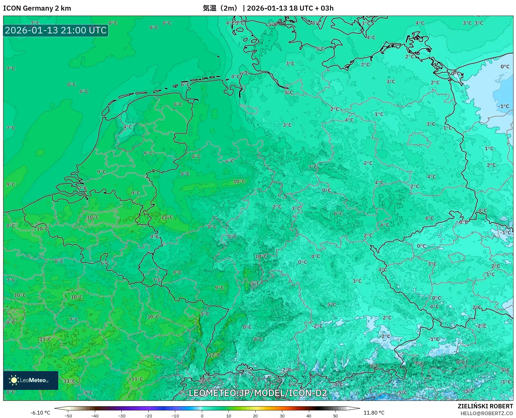 ICON ドイツ 2 km model - ドイツ, 気温（2m）