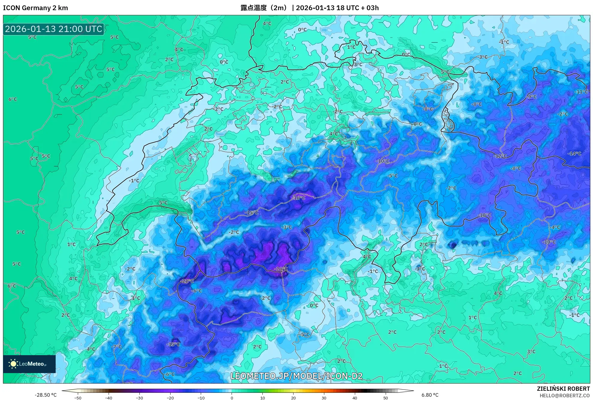 ICON ドイツ 2 km model - スイス, 露点温度（2m）