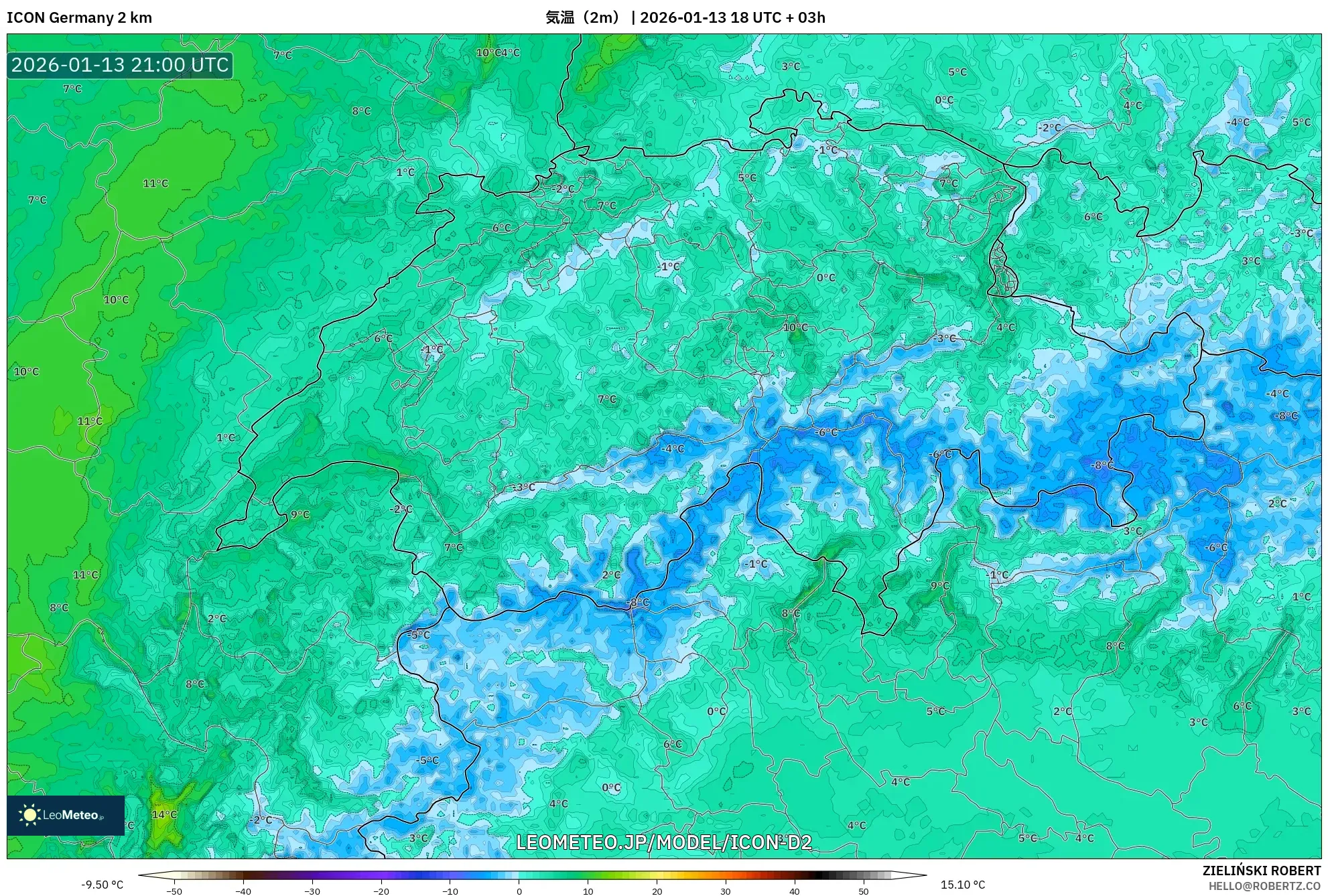 ICON ドイツ 2 km model - スイス, 気温（2m）