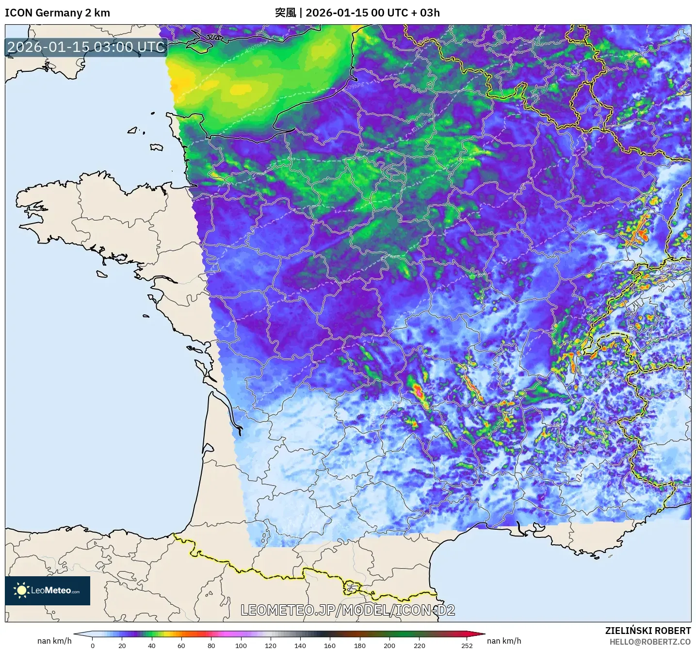 ICON ドイツ 2 km model - フランス, 突風