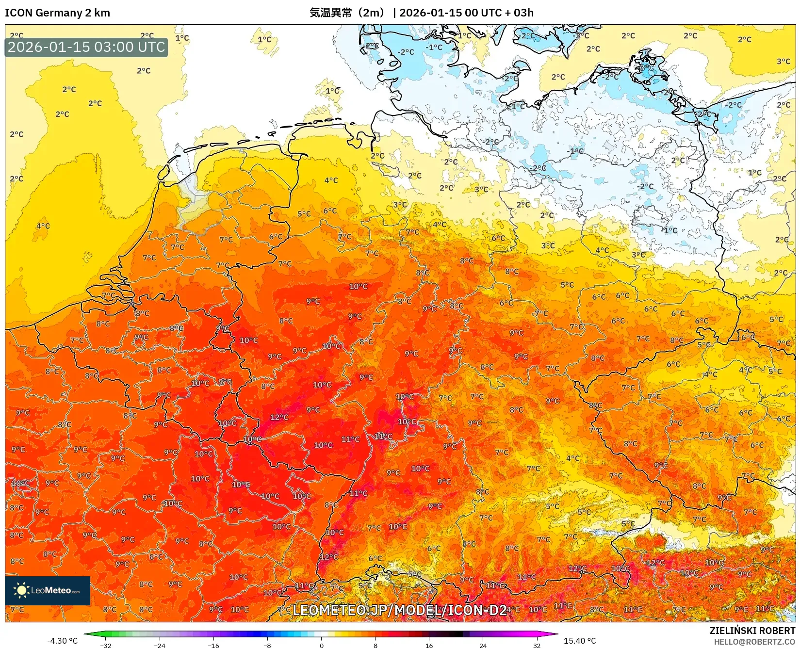 ICON ドイツ 2 km model - ドイツ, 気温異常（2m）