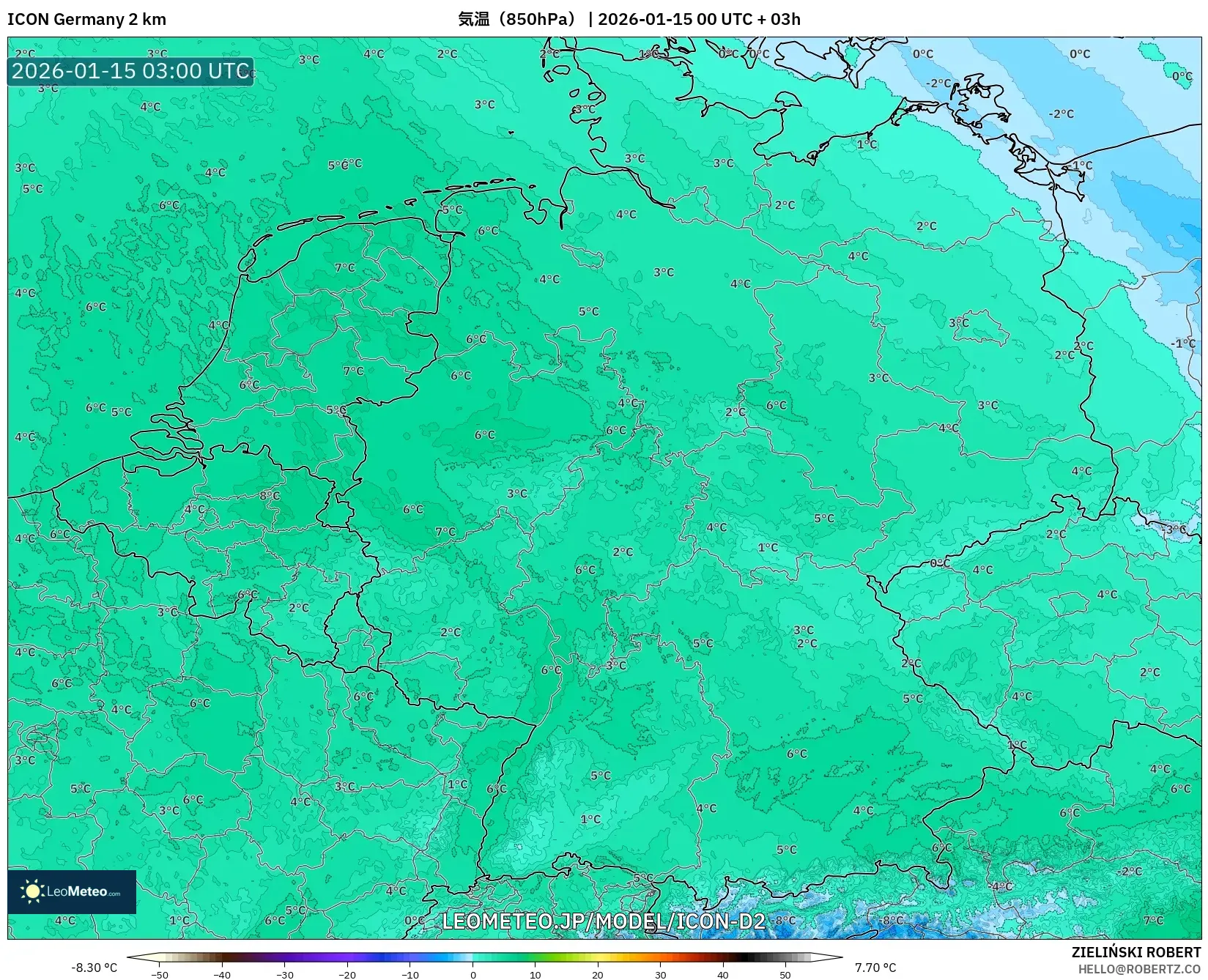 ICON ドイツ 2 km model - ドイツ, 気温（850hPa）