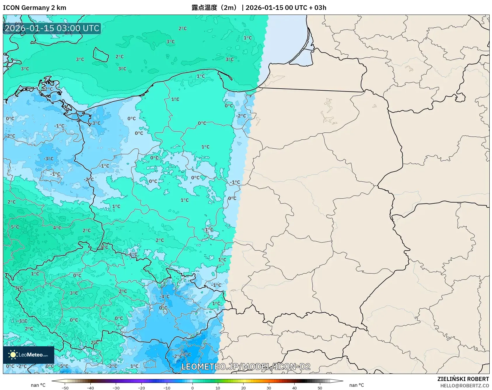 ICON ドイツ 2 km model - ポーランド, 露点温度（2m）