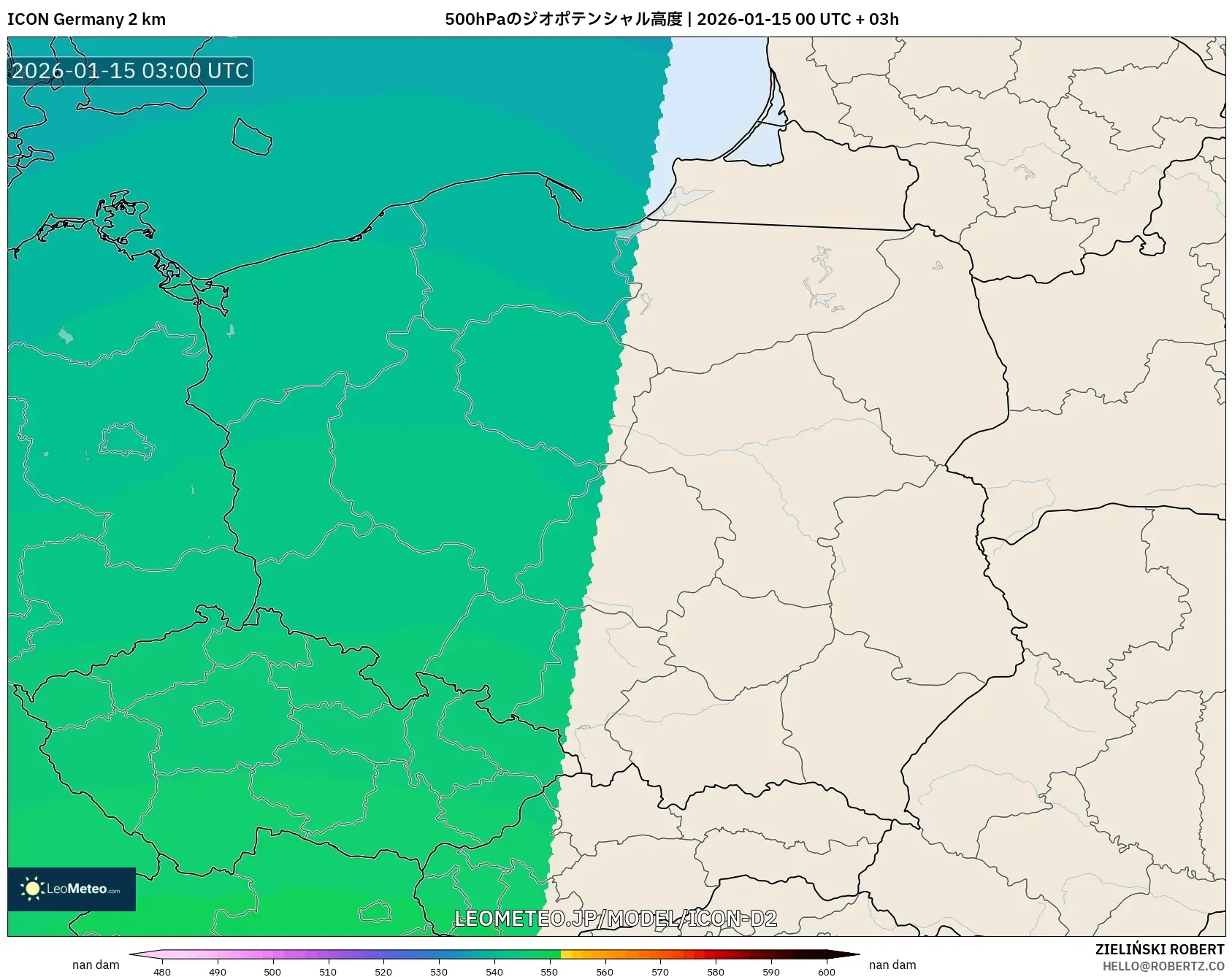 ICON ドイツ 2 km model - ポーランド, 500hPaのジオポテンシャル高度