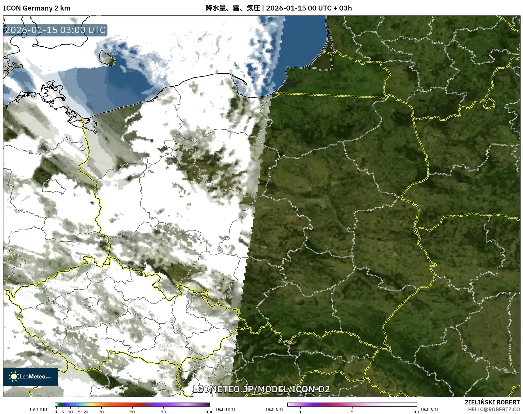 ICON ドイツ 2 km model - ポーランド, 降水量、雲、気圧