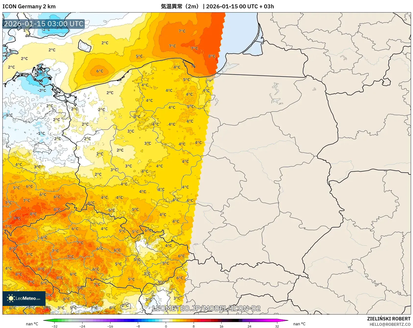 ICON ドイツ 2 km model - ポーランド, 気温異常（2m）