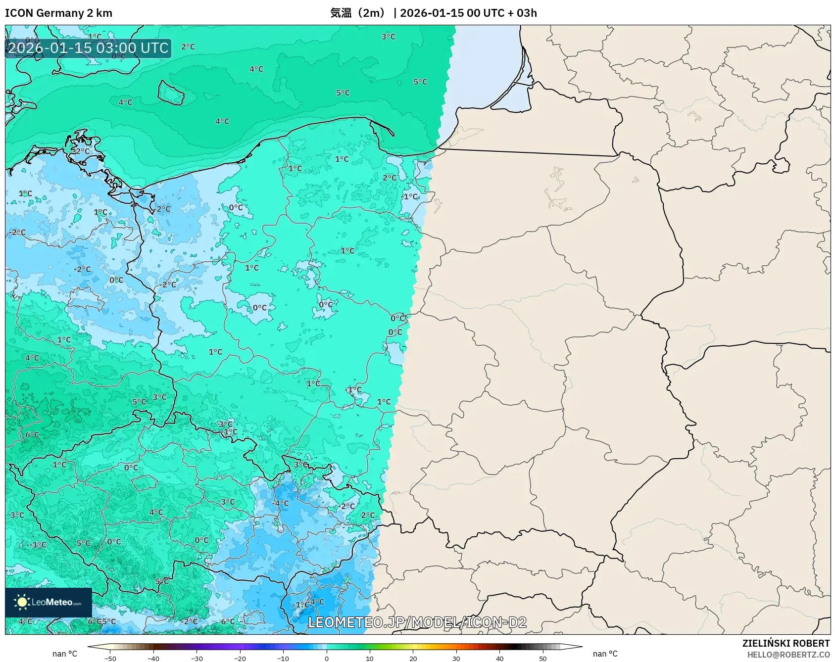 ICON ドイツ 2 km model - ポーランド, 気温（2m）