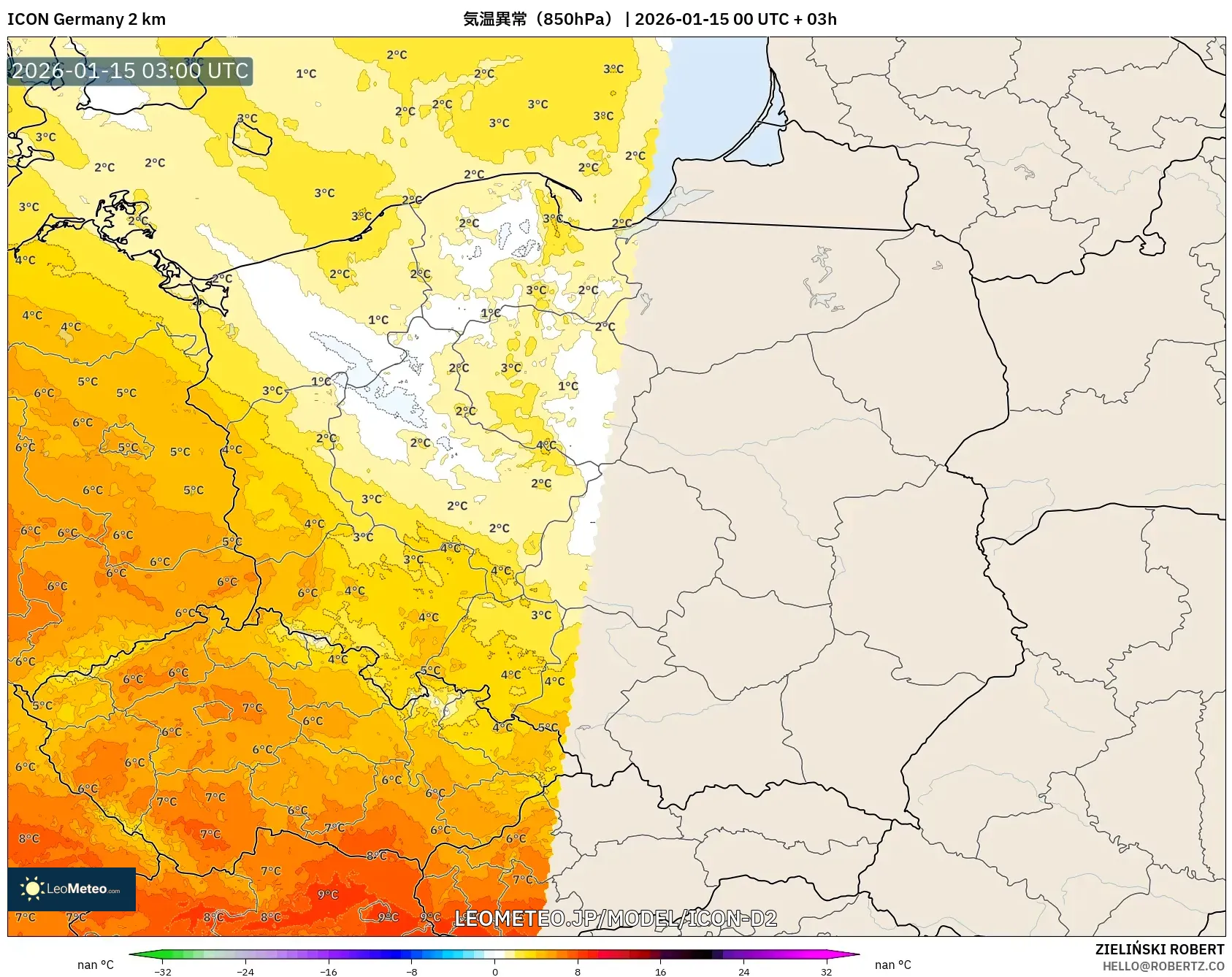ICON ドイツ 2 km model - ポーランド, 気温異常（850hPa）
