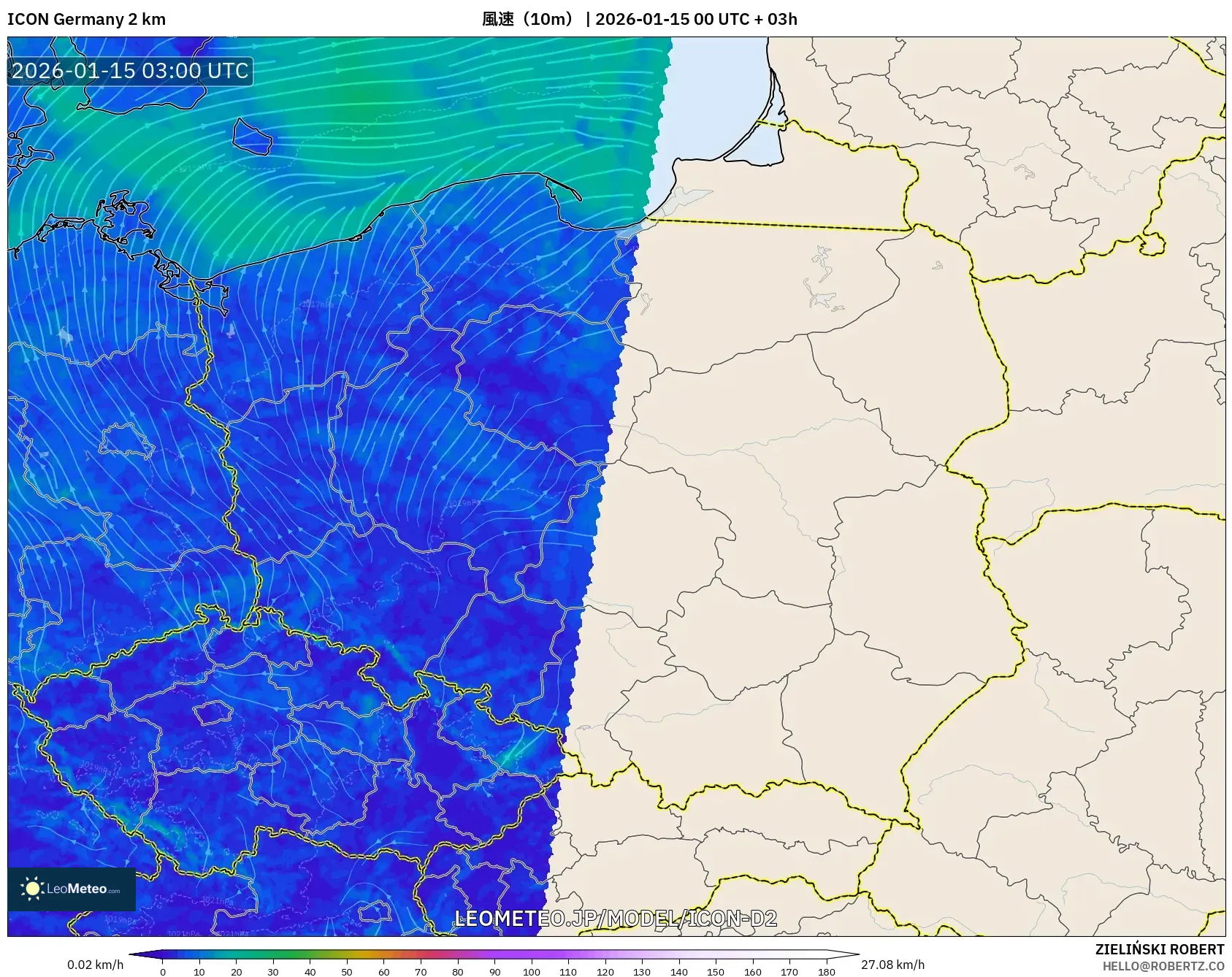 ICON ドイツ 2 km model - ポーランド, 風速（10m）