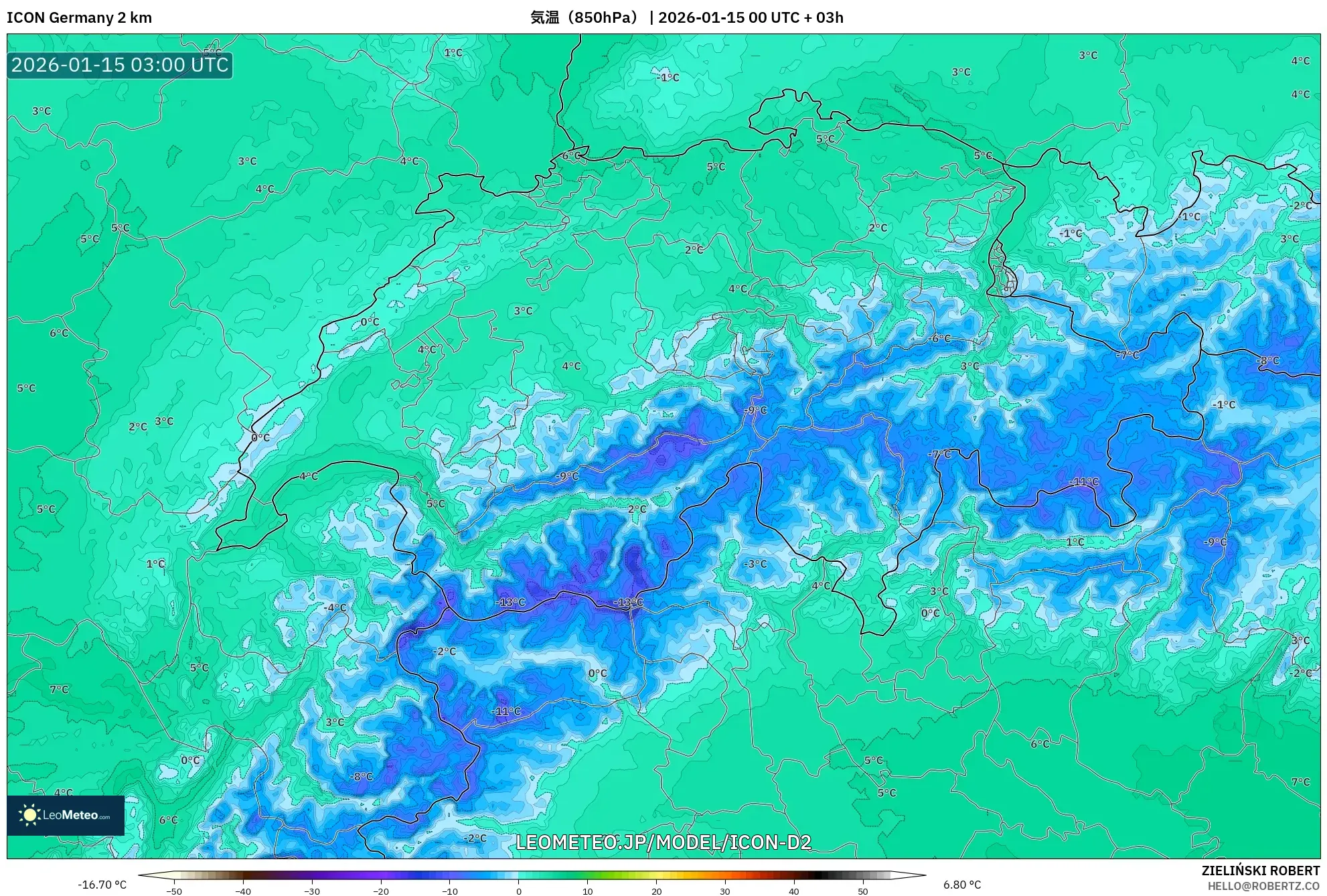 ICON ドイツ 2 km model - スイス, 気温（850hPa）