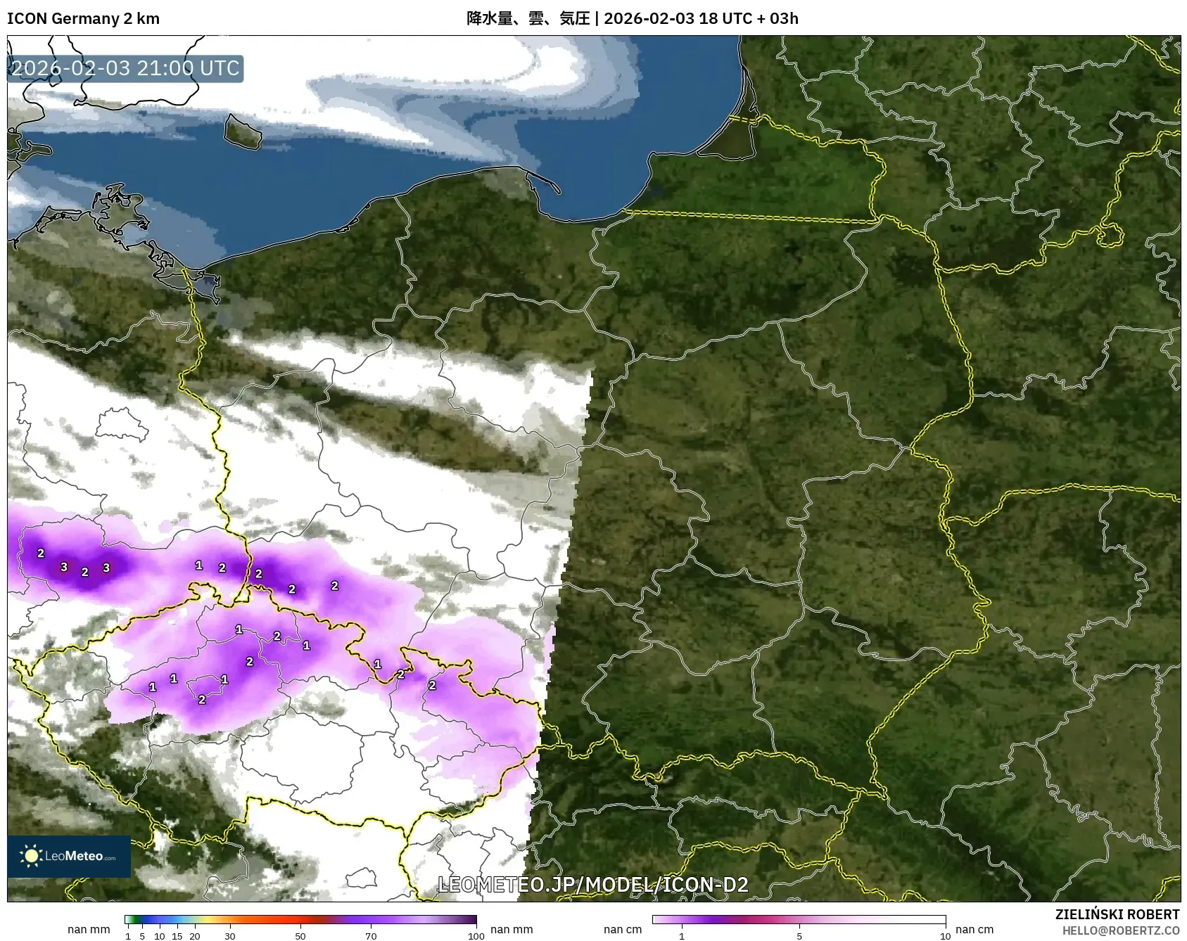 ICON ドイツ 2 km model - ポーランド, 降水量、雲、気圧