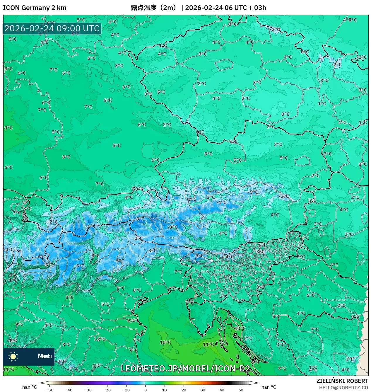 ICON ドイツ 2 km model - オーストリア, 露点温度（2m）