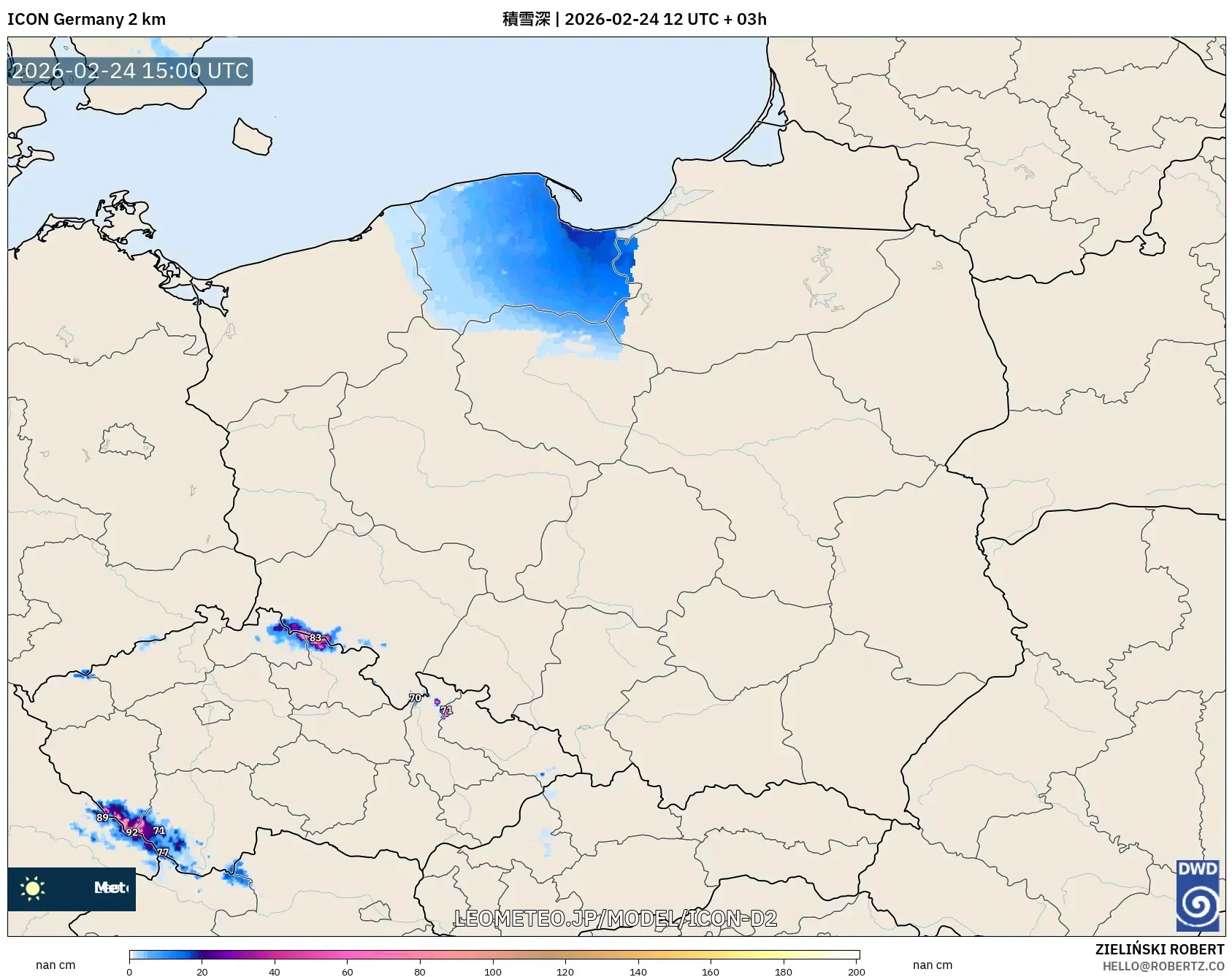 ICON ドイツ 2 km model - ポーランド, 積雪深