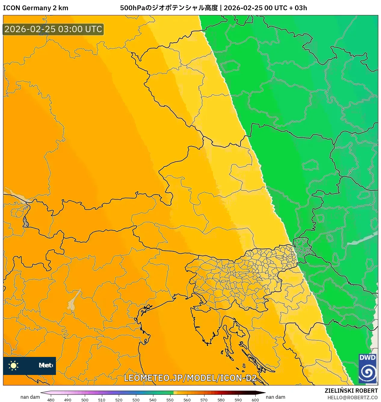 ICON ドイツ 2 km model - オーストリア, 500hPaのジオポテンシャル高度