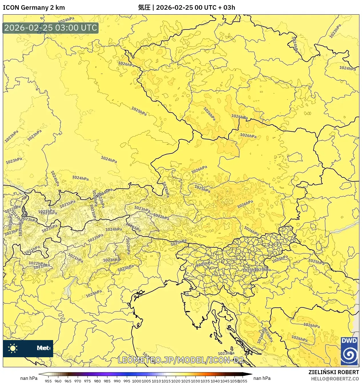 ICON ドイツ 2 km model - オーストリア, 気圧
