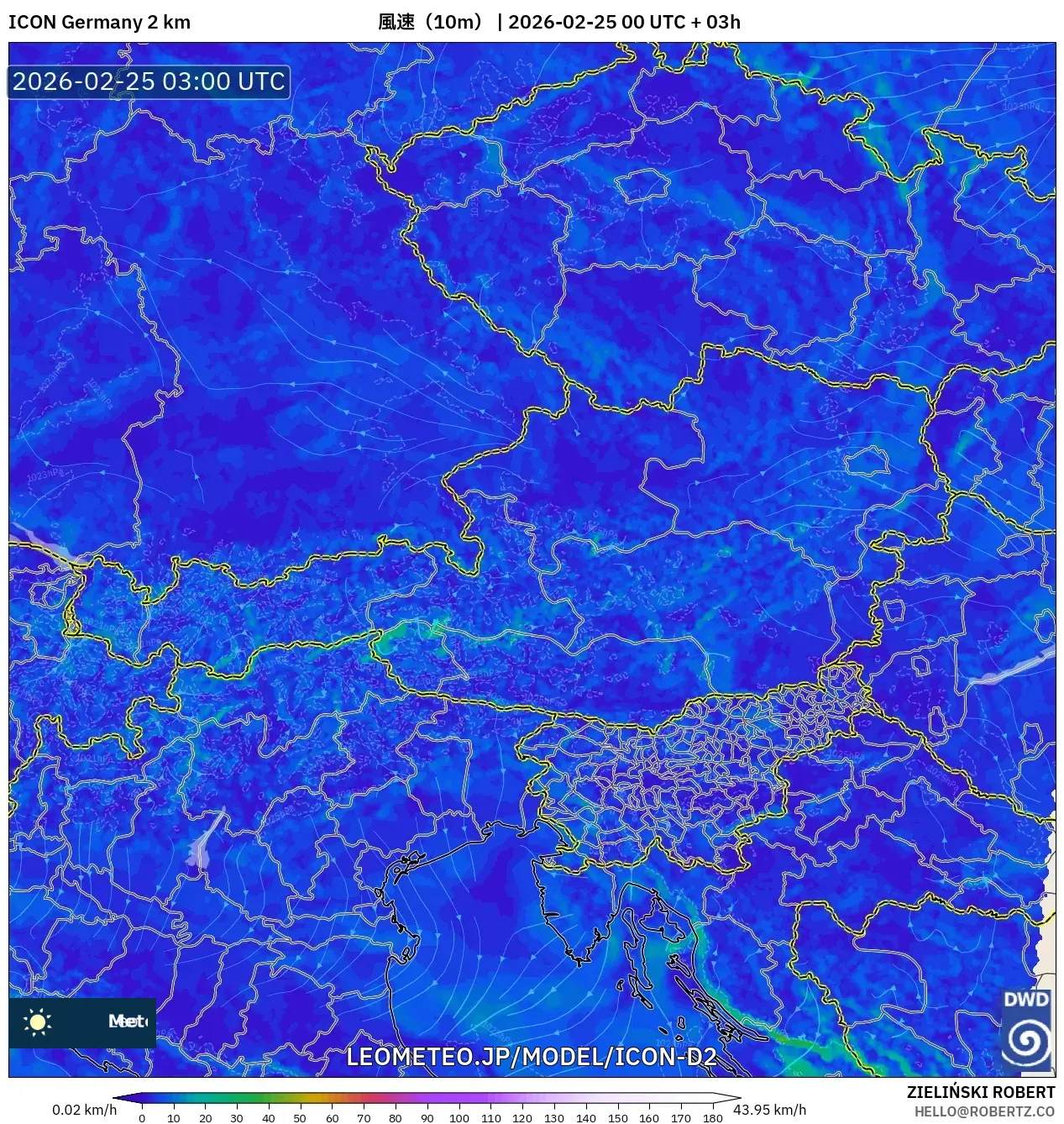 ICON ドイツ 2 km model - オーストリア, 風速（10m）