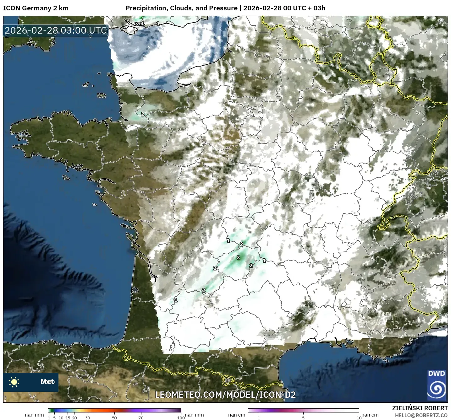 ICON ドイツ 2 km model - フランス, 降水量、雲、気圧