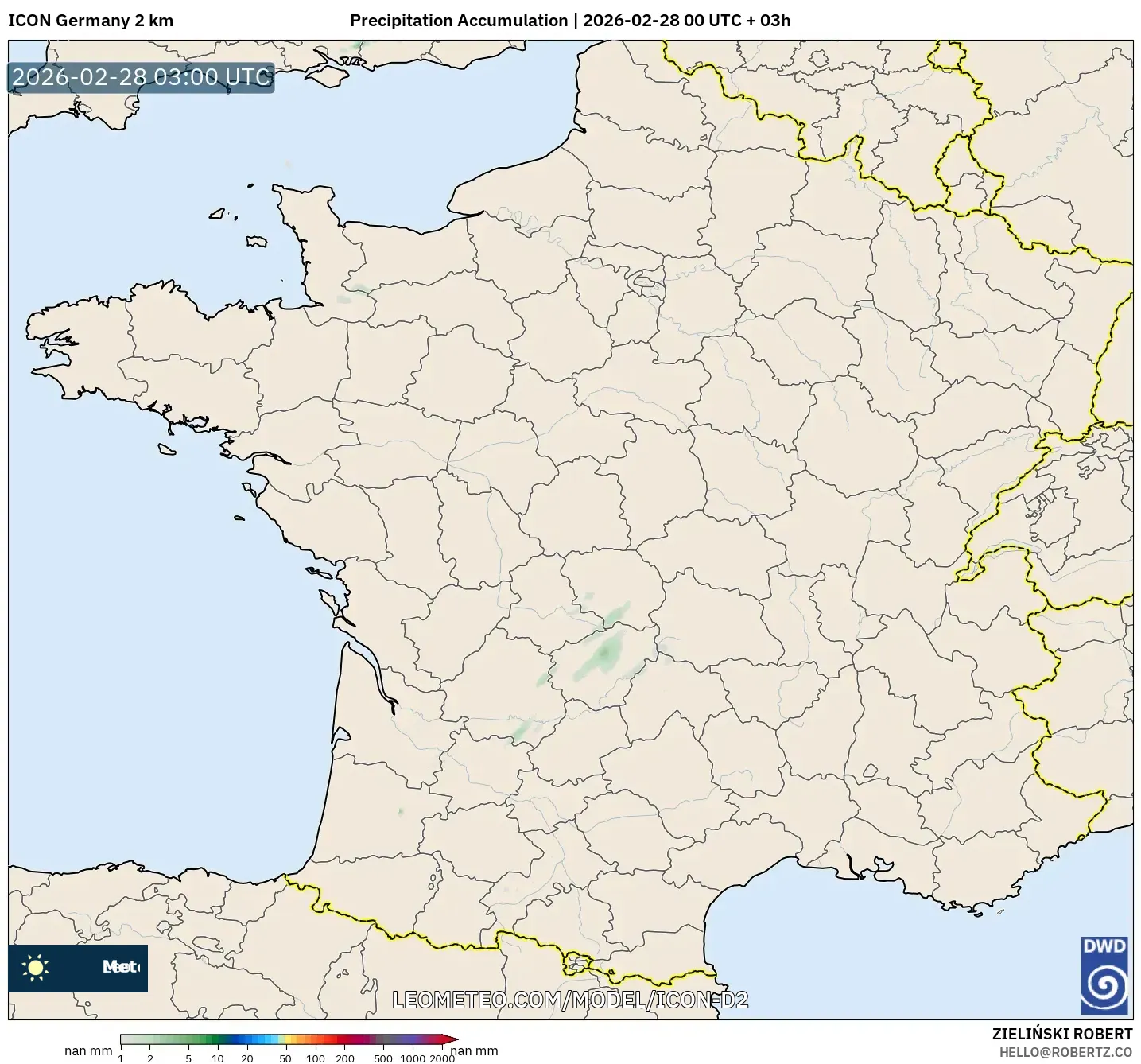 ICON ドイツ 2 km model - フランス, 降水量の合計