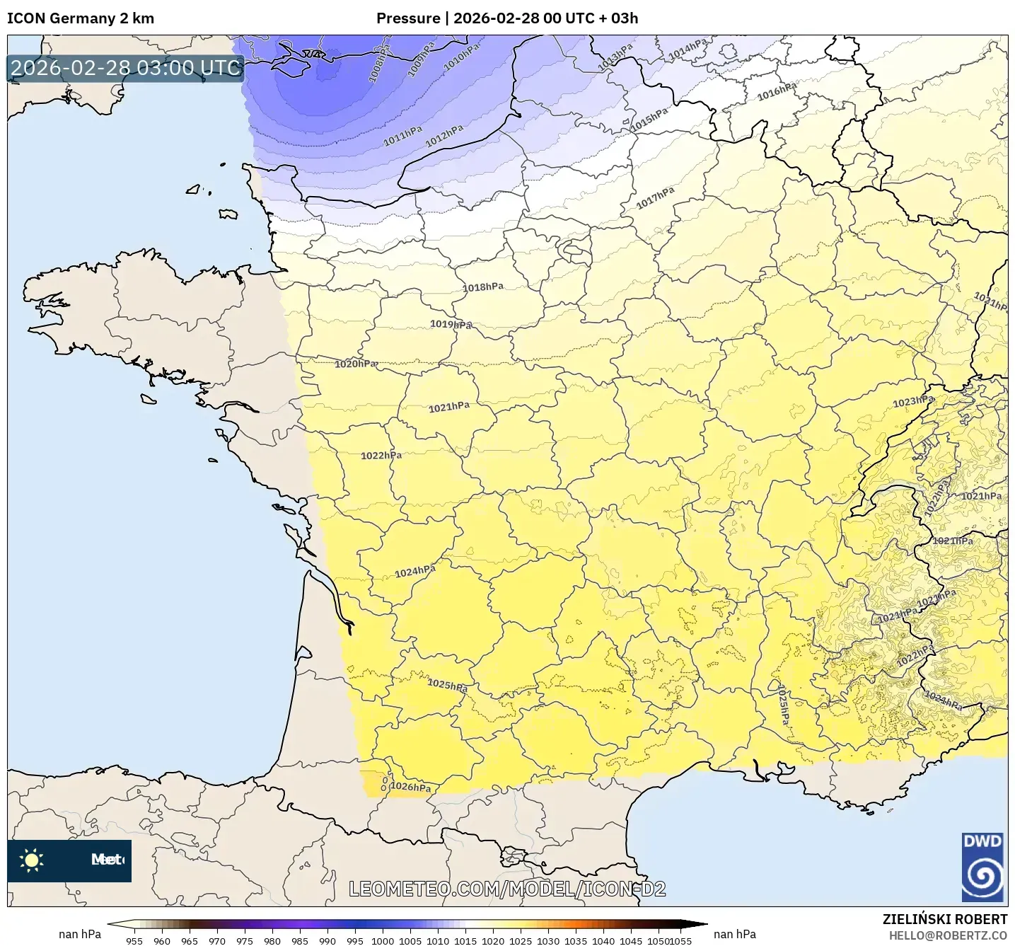 ICON ドイツ 2 km model - フランス, 気圧