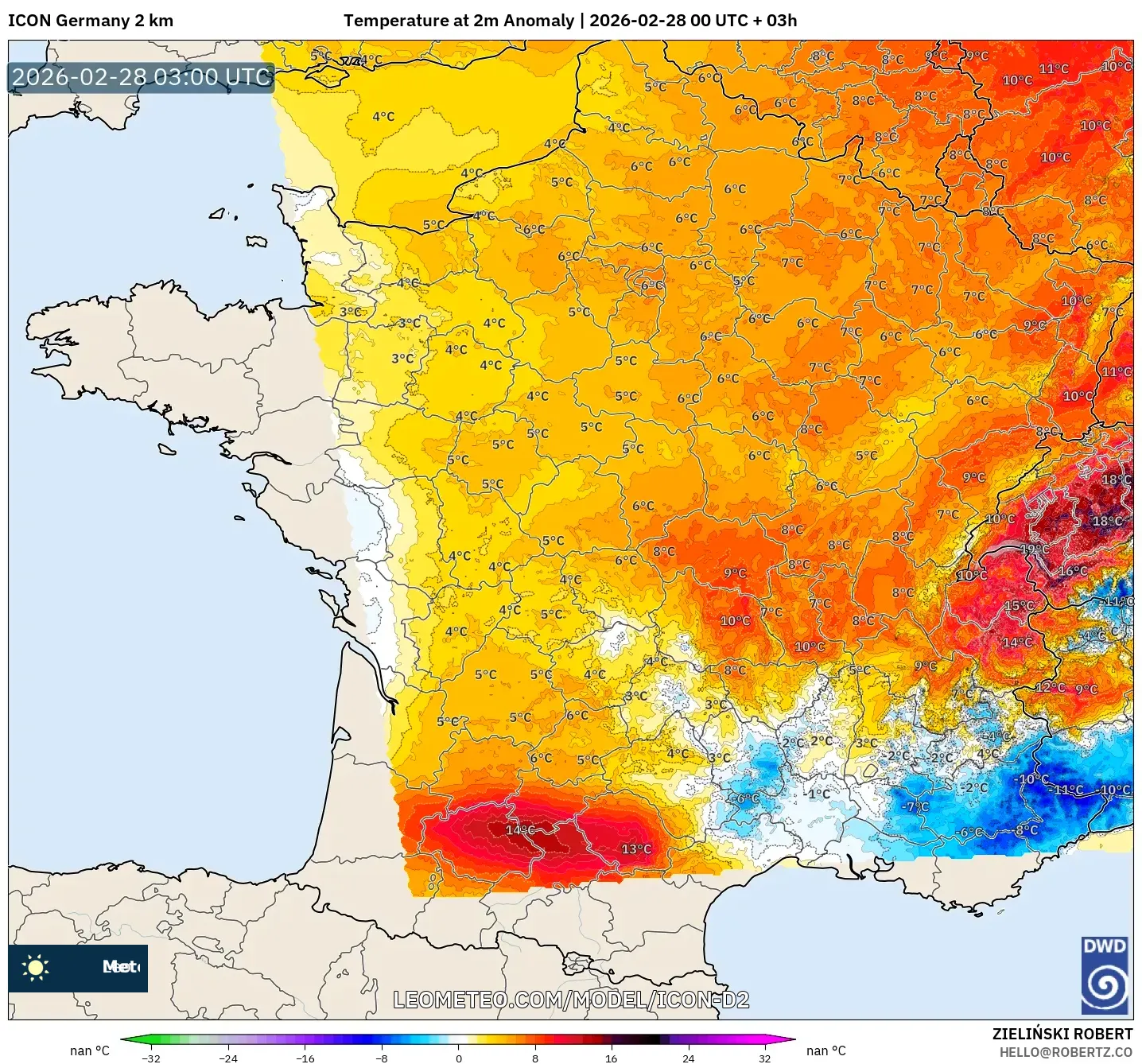 ICON ドイツ 2 km model - フランス, 気温異常（2m）