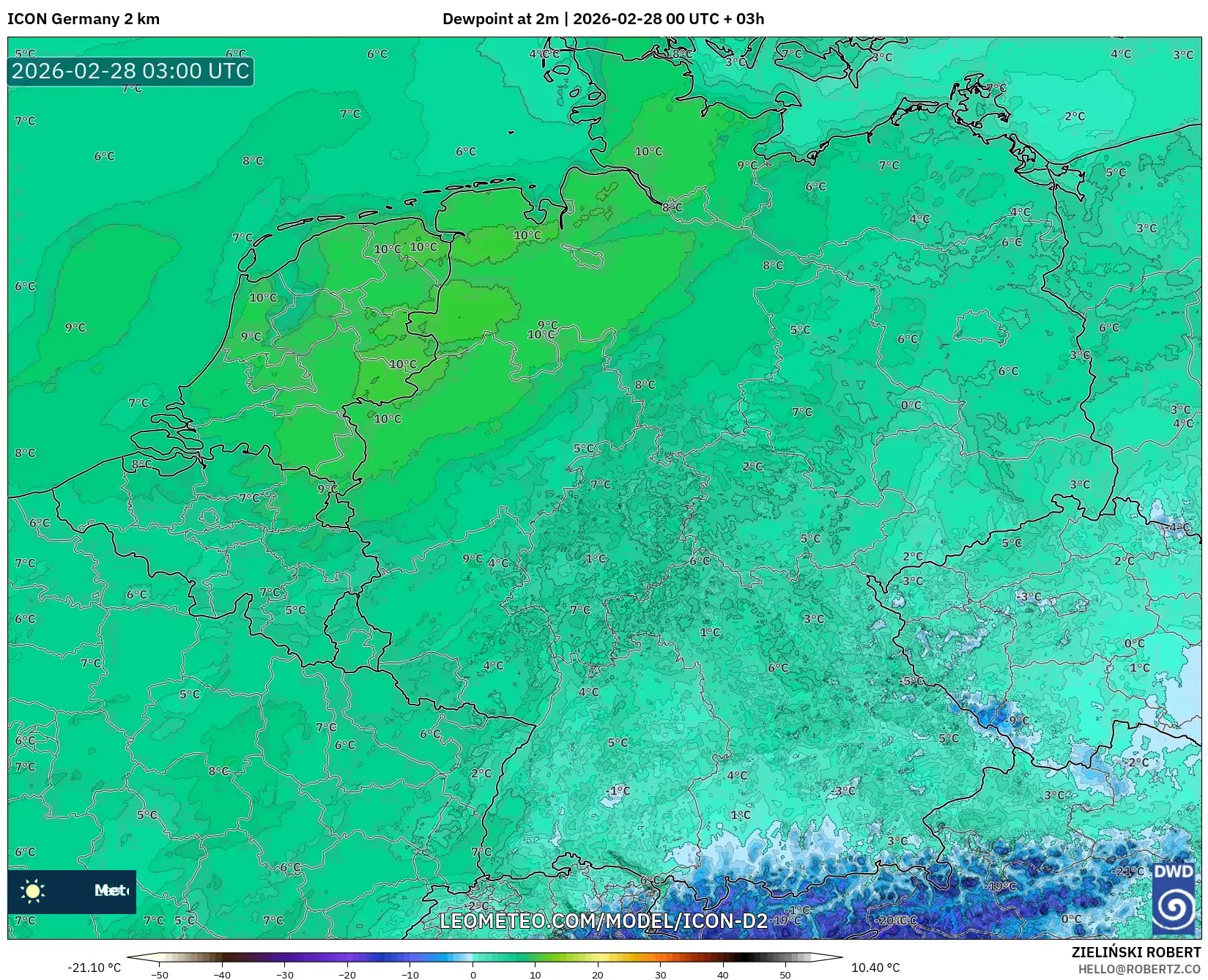 ICON ドイツ 2 km model - ドイツ, 露点温度（2m）