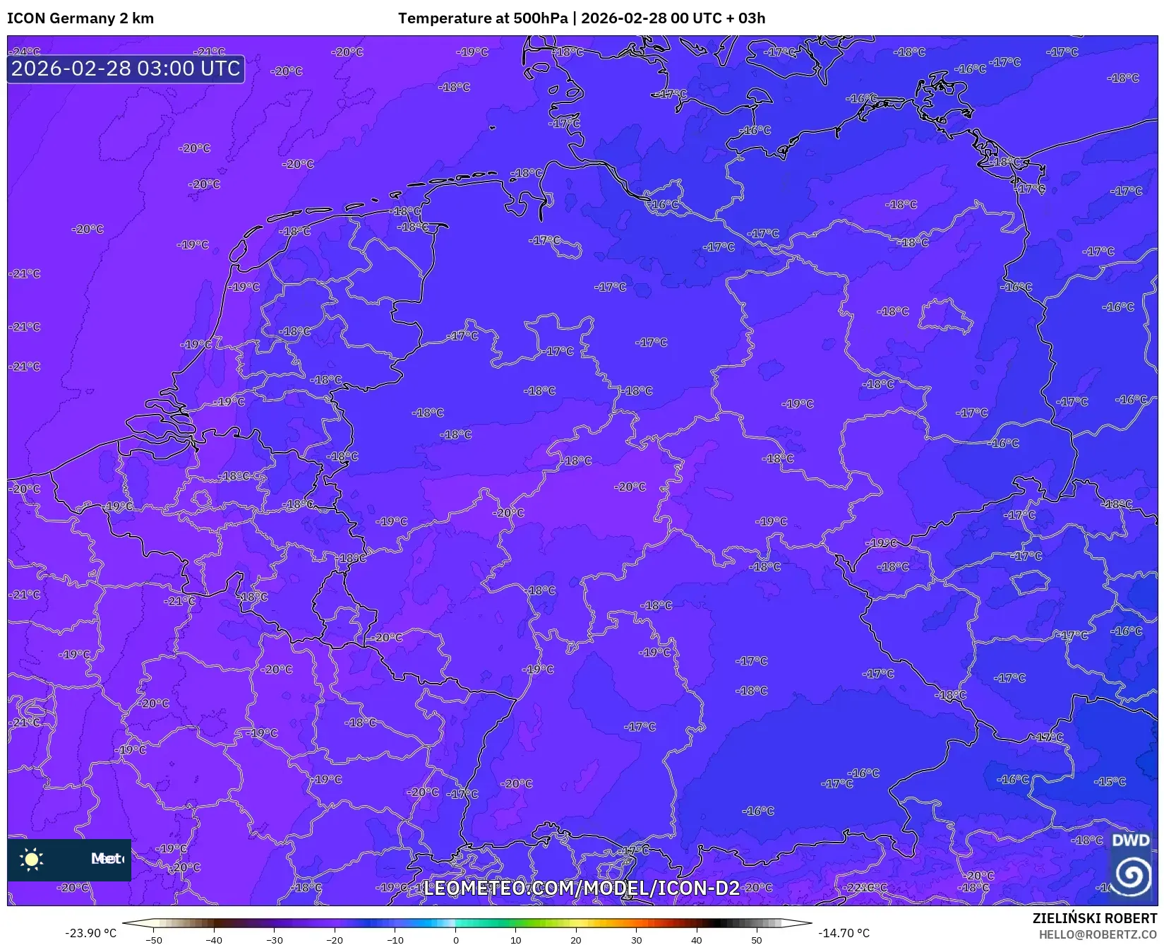 ICON ドイツ 2 km model - ドイツ, 気温（500hPa）