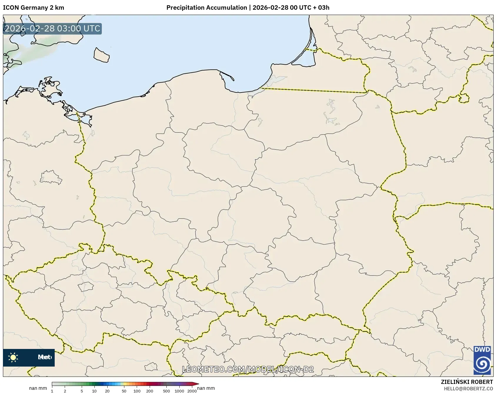 ICON ドイツ 2 km model - ポーランド, 降水量の合計