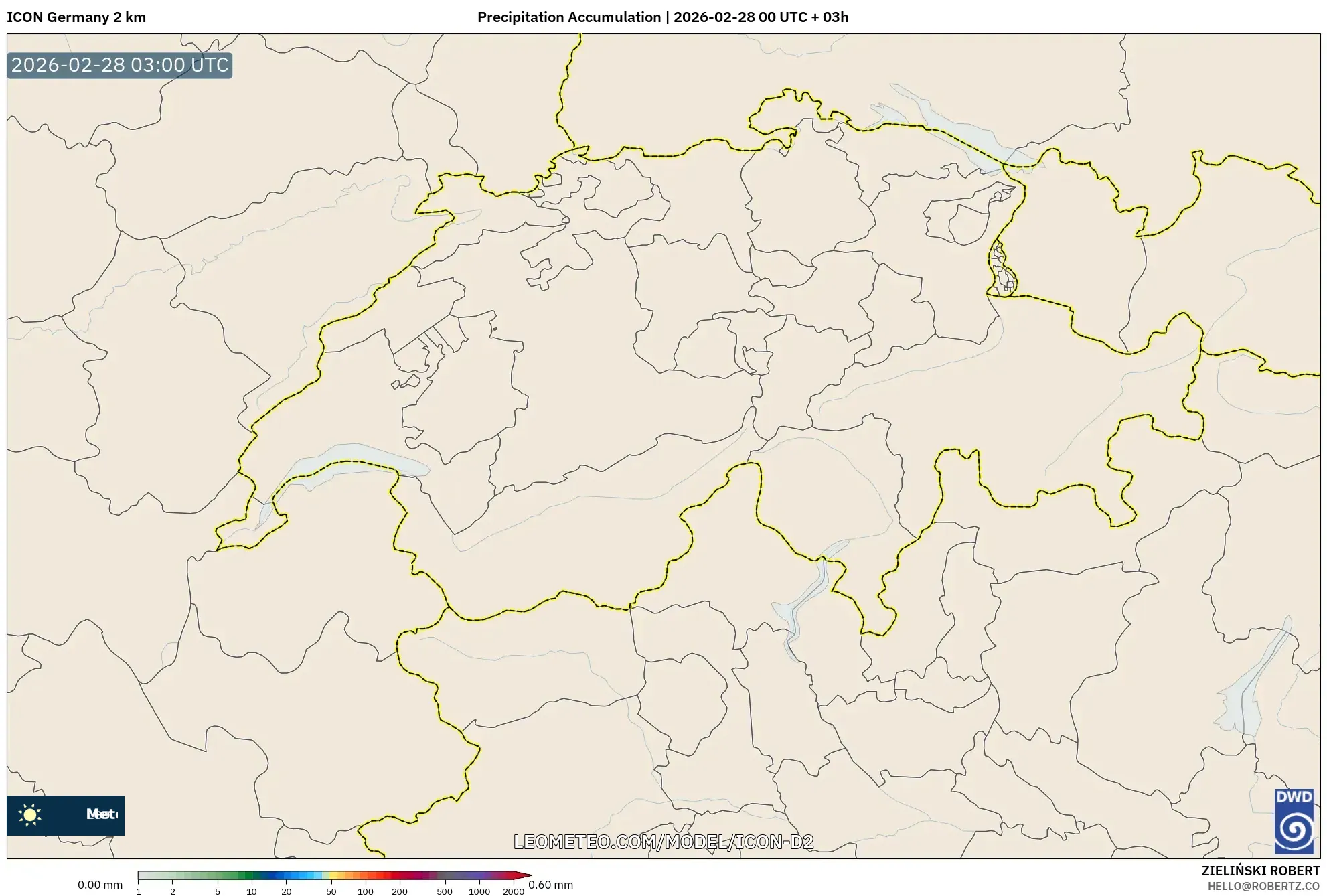 ICON ドイツ 2 km model - スイス, 降水量の合計