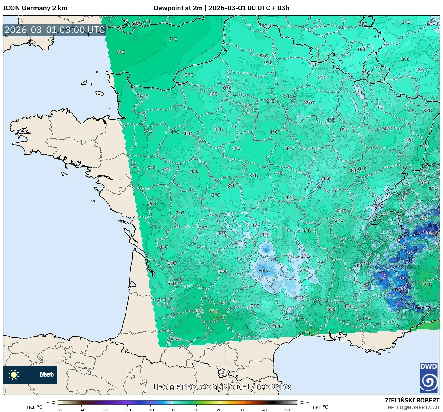 ICON ドイツ 2 km model - フランス, 露点温度（2m）