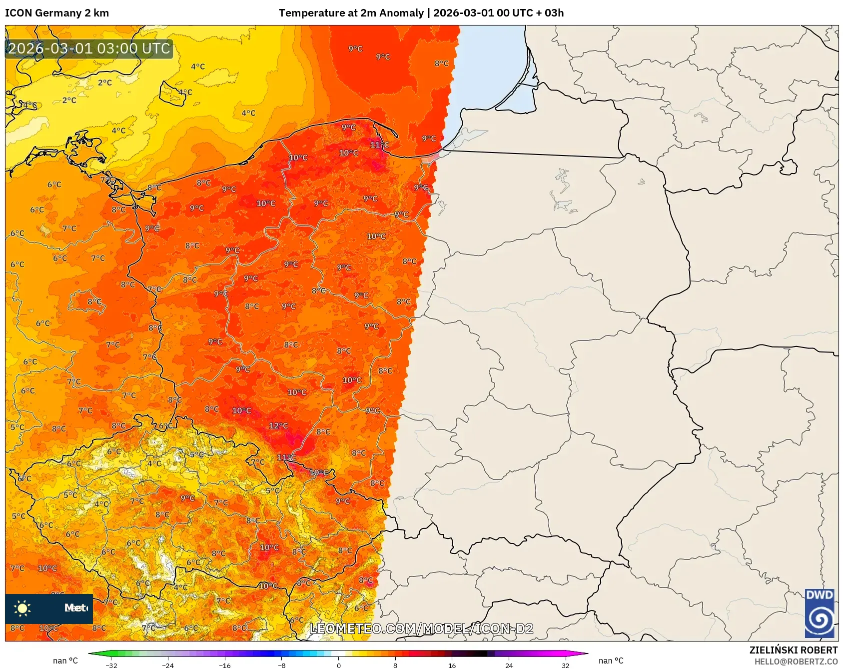 ICON ドイツ 2 km model - ポーランド, 気温異常（2m）