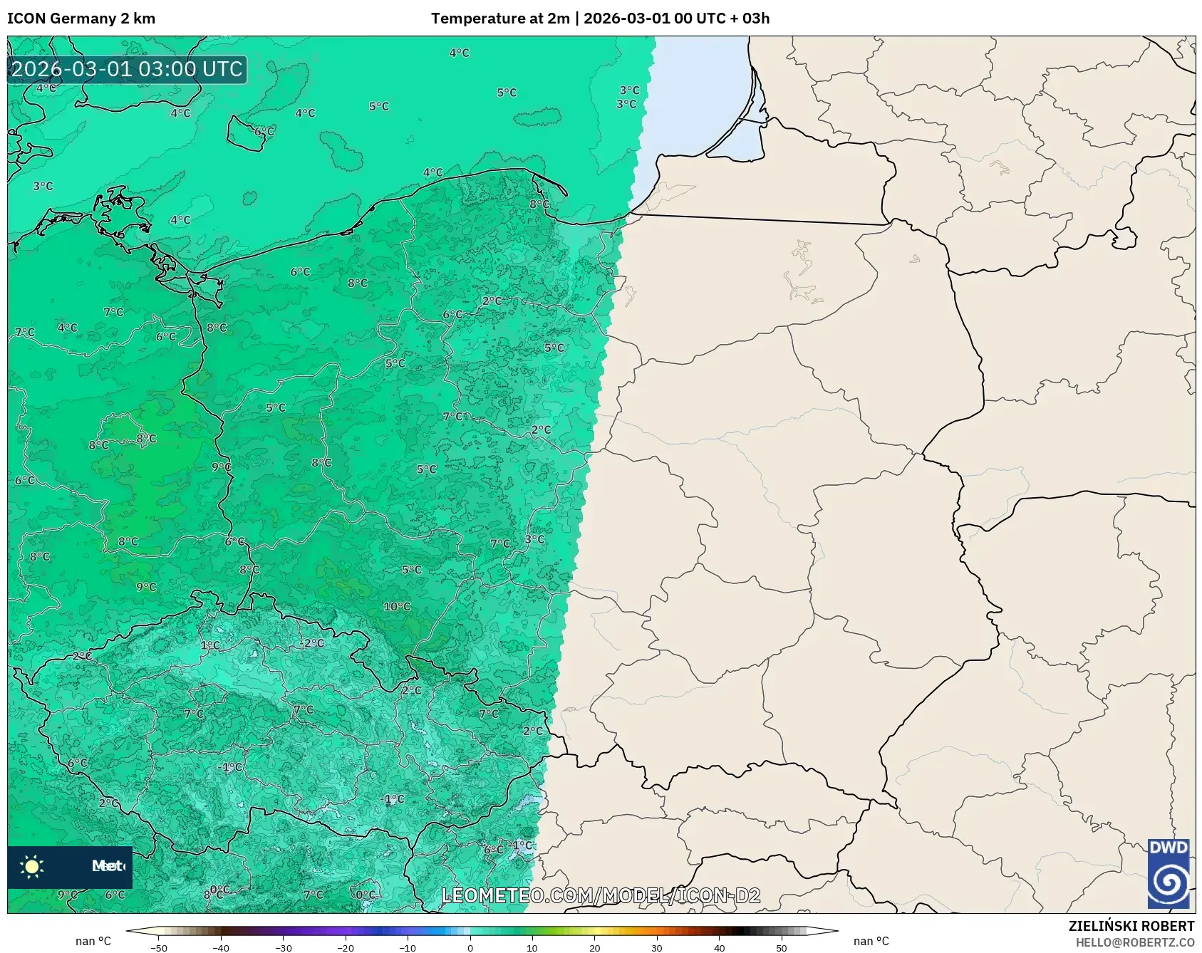 ICON ドイツ 2 km model - ポーランド, 気温（2m）